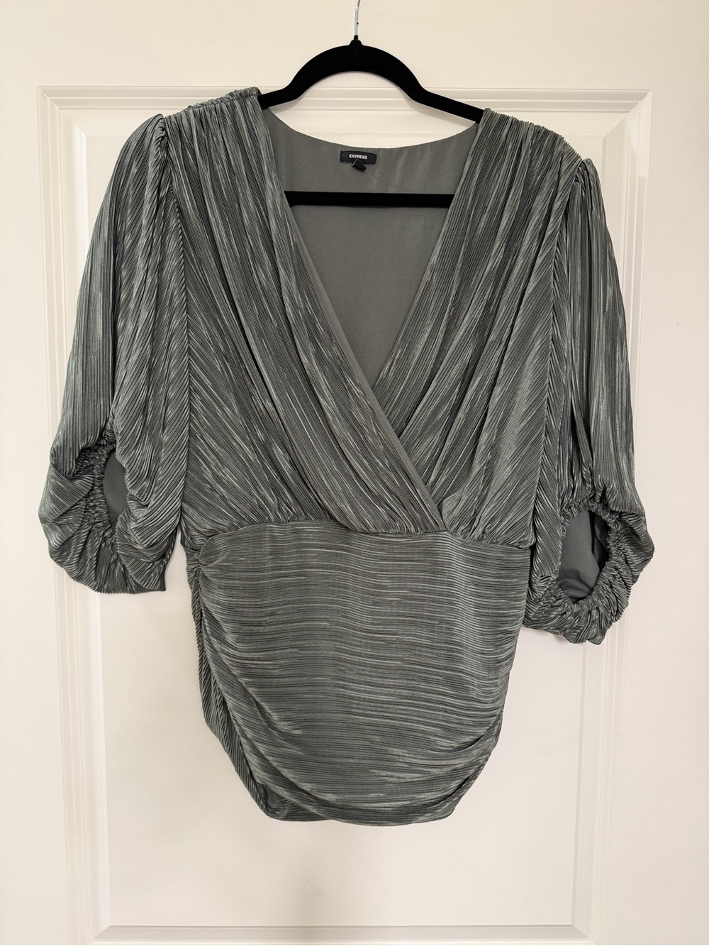 Express V-Neck Pleated Blouse in Olive Green
